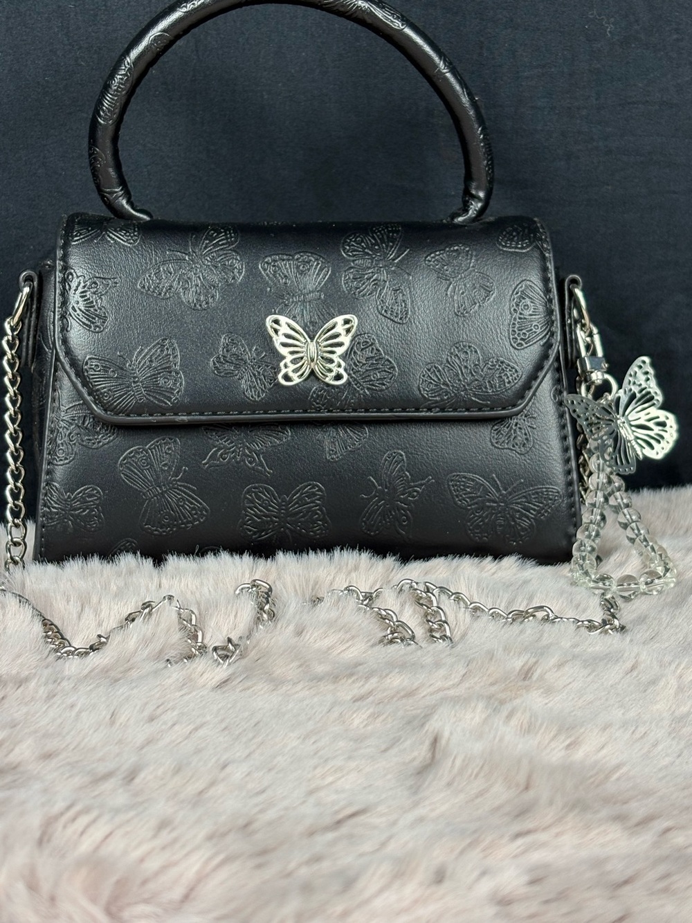 Butterfly Embossed Black Faux Leather Top Handle Crossbody Shoulder Bag